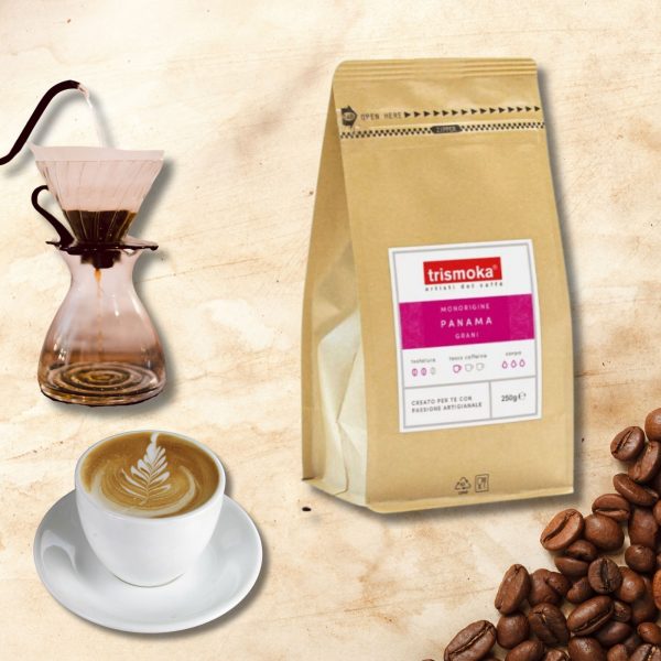 Trismoka Panama 250g Single Origin Vorderseite mit gemahlenem Kaffee