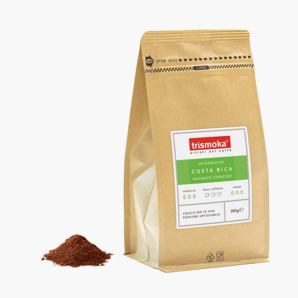 Trismoka Costa Rica 250g Single Origin Vorderseite mit gemahlenem Kaffee