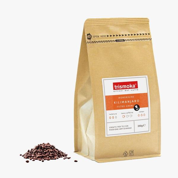 Trismoka Kilimanjaro 250g Single Origin Vorderseite mit gemahlenem Kaffee