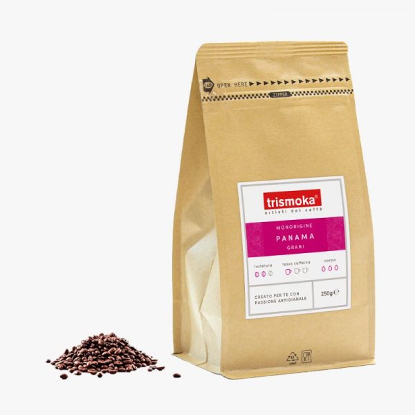 Trismoka Panama 250g Single Origin Vorderseite mit gemahlenem Kaffee