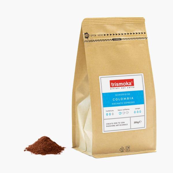 Trismoka Columbia 250g Single Origin Vorderseite mit gemahlenem Kaffee