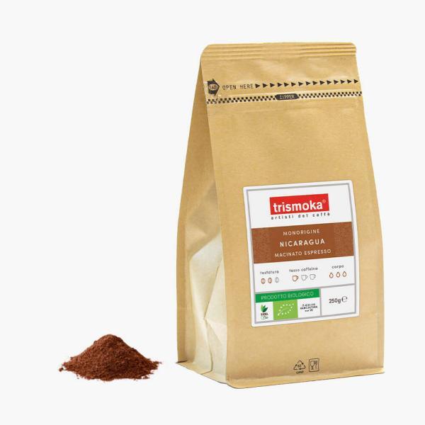 Trismoka Nicaragua 250g Single Origin Vorderseite mit gemahlenem Kaffee