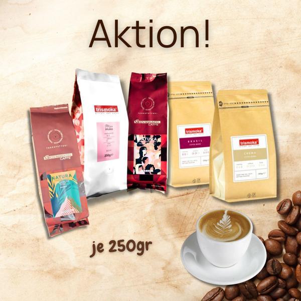 5x 250 grm Trismoka Crema Blend, Trismoka Brasil Blend, Trismoka Miss Moka, Giovannacci Co2 Neutral, Giovannacci Women Coffee